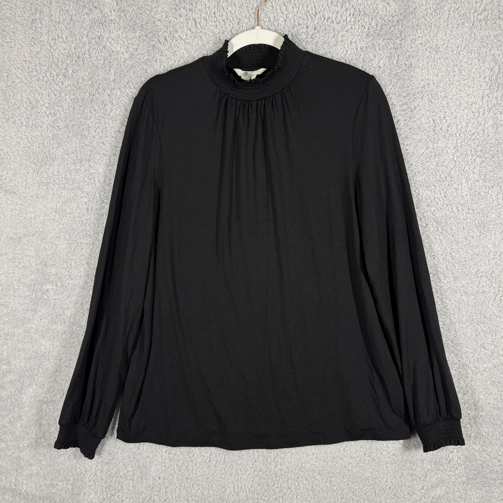 Boden Connie Jersey Top Size 10 Black Smocked Cuff Mock Neck Blouson Long Sleeve